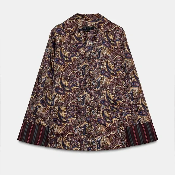 NWT Zara Woman PAISLEY PAJAMA SHIRT ZW COLLECTION Top Blouse Size M Medium - Picture 5 of 11